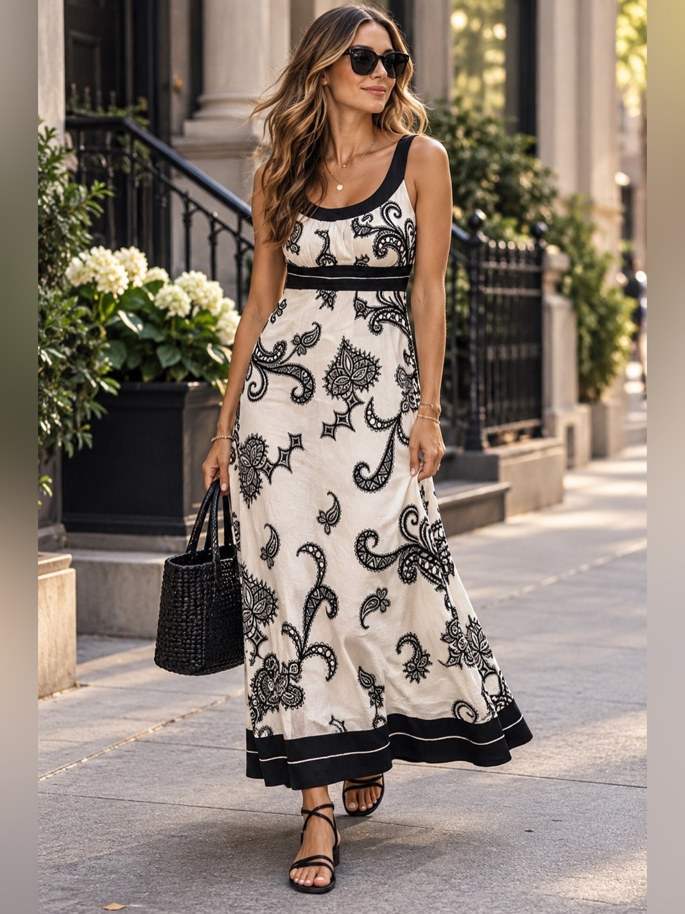 Lula Kate Black & White Paisley Maxi Dress W/Pink Lining Coastal Chic Sz 6